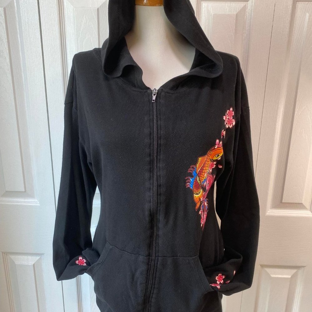 Vintage Hot Topic LUCKY 13 Brand Koi Fish Cherry Blossom Zip-Up Hoodie sz L EUC